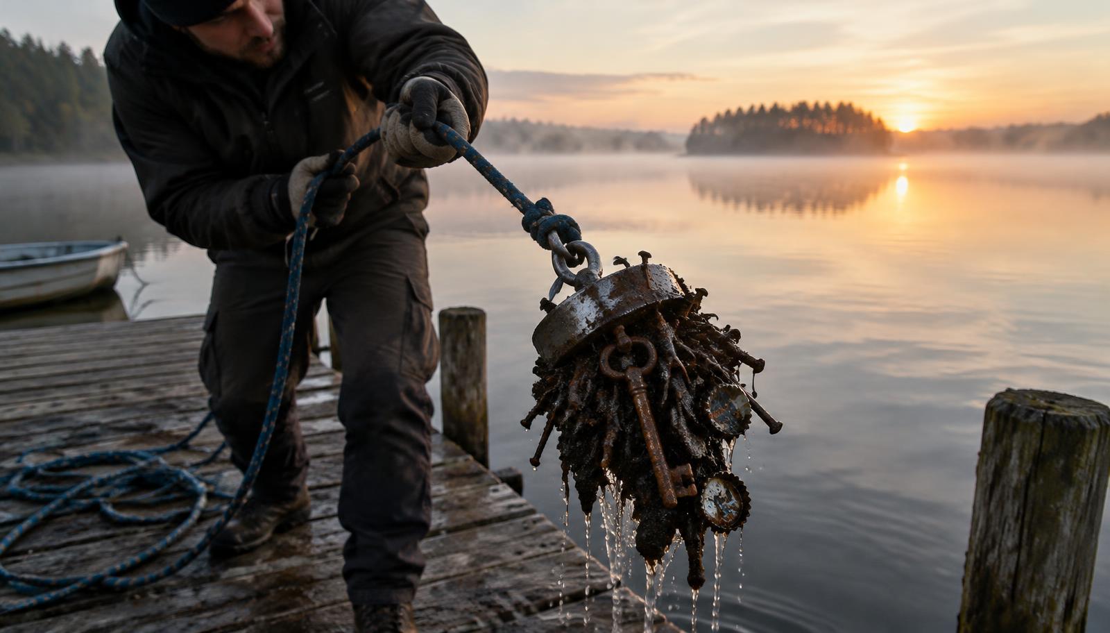 Magnetfiske från en brygga i gryningen